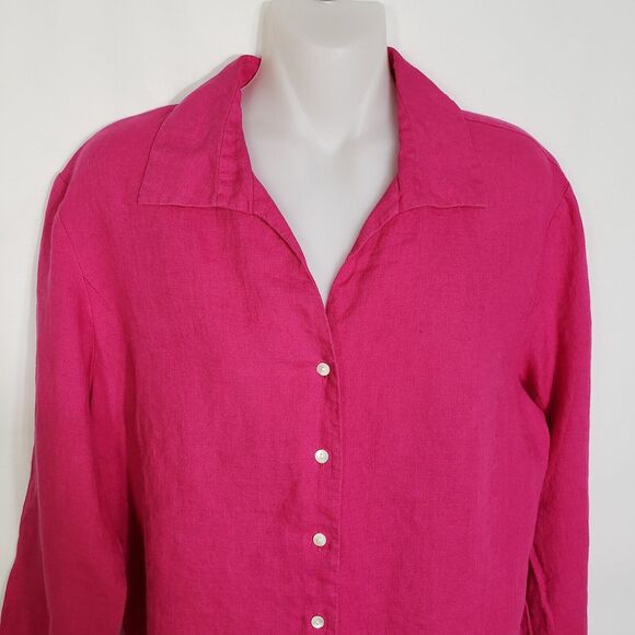 Talbots Womens Top Size 12 100% Irish Linen Hot Pink 3/4 Sleeve Button Up Blouse - Picture 3 of 8